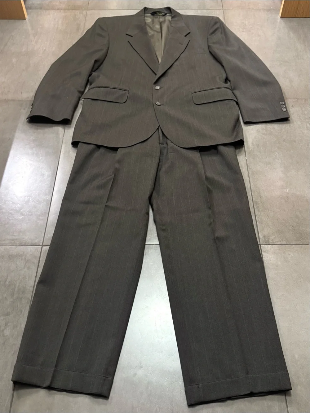 Vintage Pierre Balmain Wool Two-Piece Suit, Gray w/ Brown Pinstripes, Men’s M-L